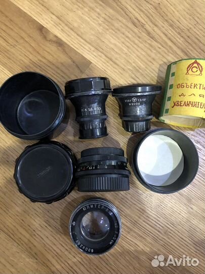 Обьективы, фотоаппарат, проигрыватель