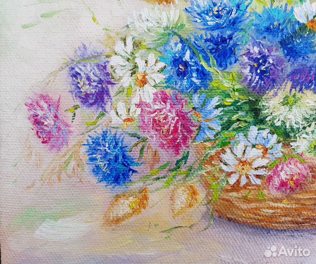 Картина с васильками, ромашками Букет в корзине