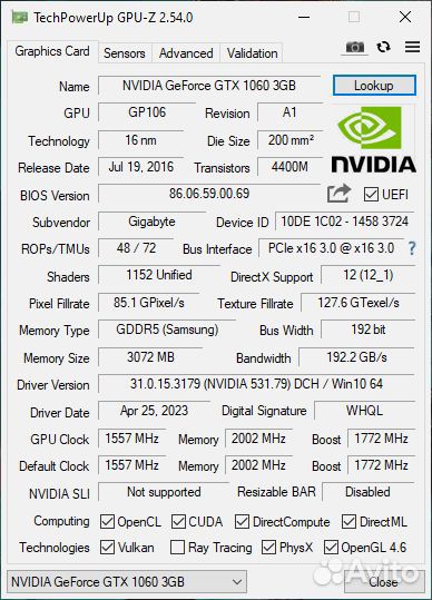 Видеокарта gtx1060 3gb Gigabyte
