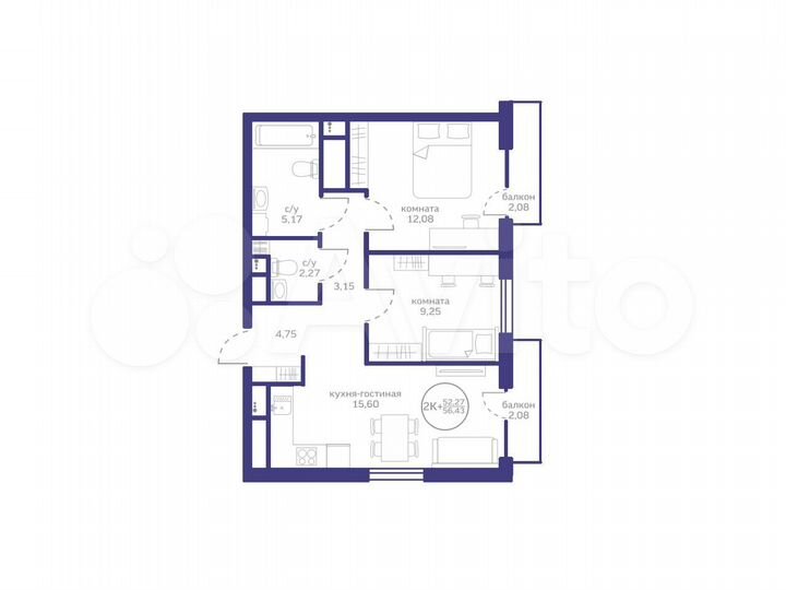 2-к. квартира, 52,3 м², 19/20 эт.