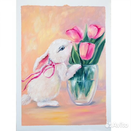 Картина маслом Кролик с цветами 25х35 см