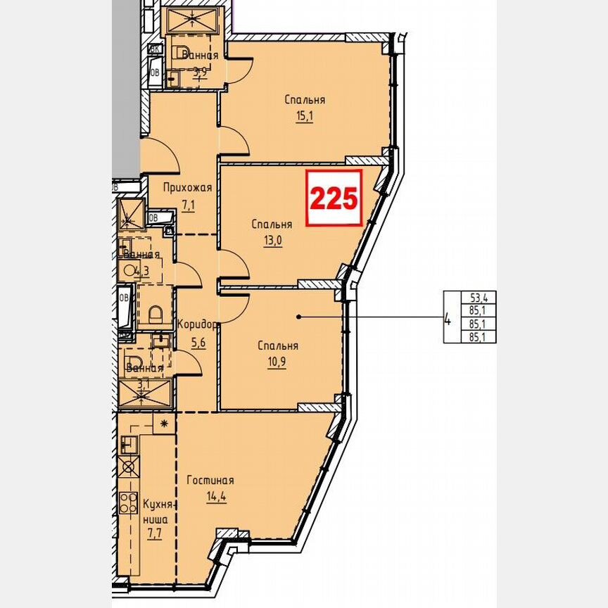 4-к. квартира, 85,1 м², 21/24 эт.