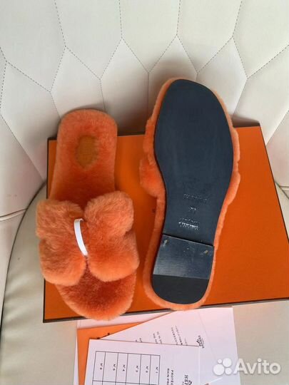 Шлепки женские Hermes с мехом
