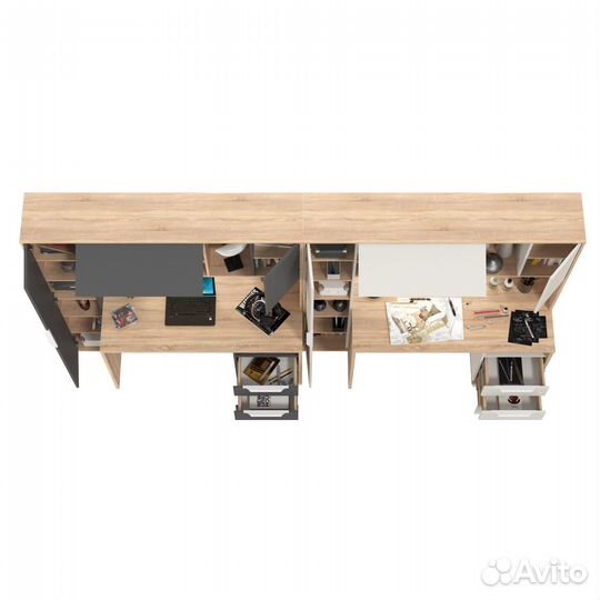 Два рабочих стола Mobi Комфорт 12.95N цвет дуб сонома/белый/серый, (шхгх) 324х60,3х180 см