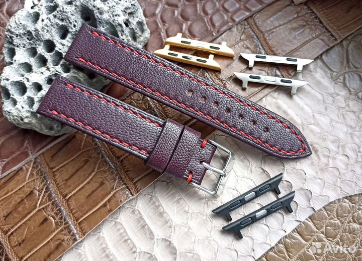 Ремешок для часов бордовый с красной ниткой 18мм