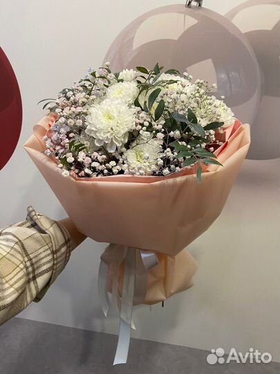 Хризантема гипсофиса букет живые цветы