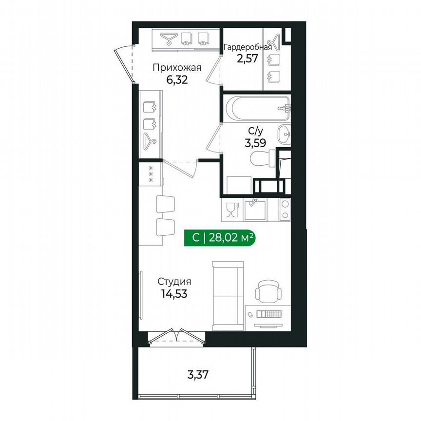 Квартира-студия, 28 м², 2/8 эт.