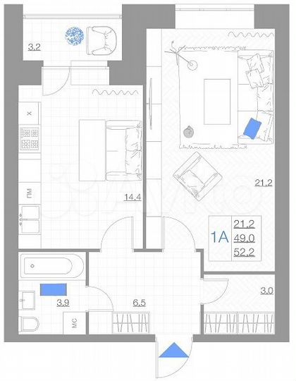 1-к. квартира, 52,2 м², 5/5 эт.