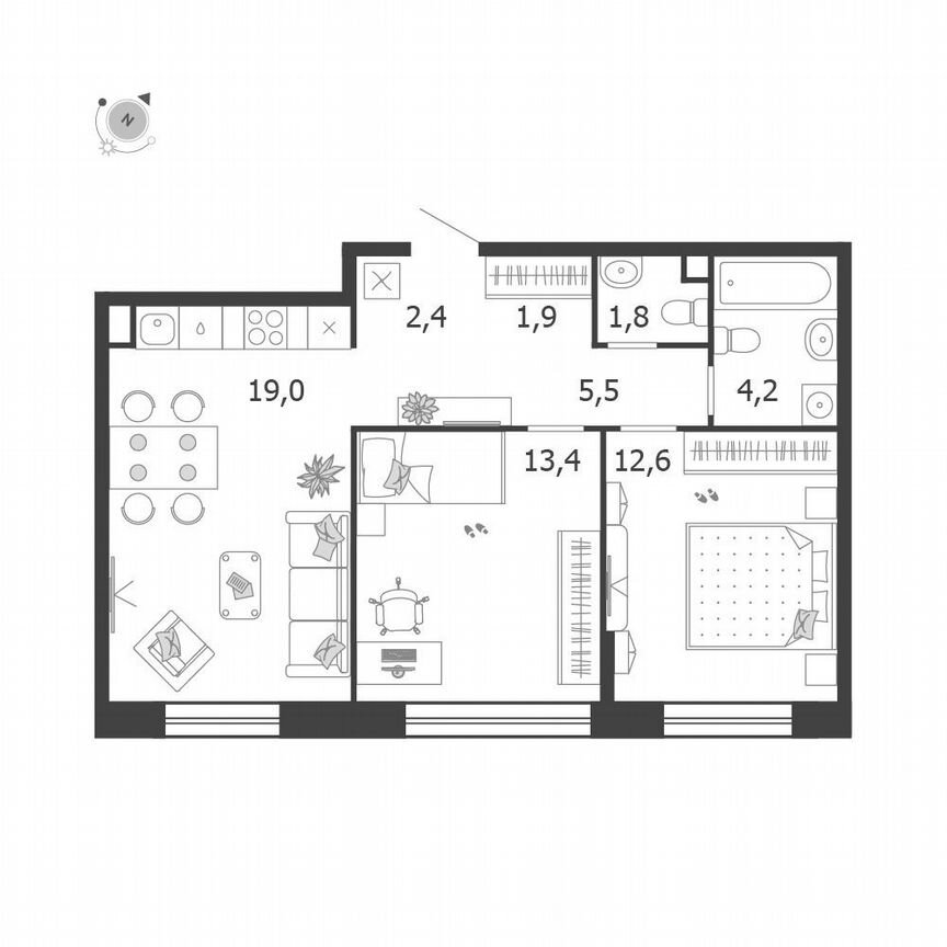 2-к. квартира, 60,8 м², 3/19 эт.