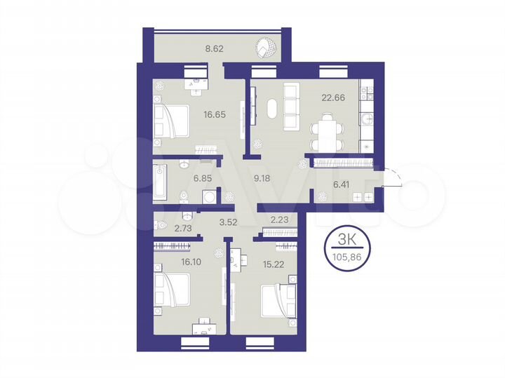 3-к. квартира, 105,5 м², 2/14 эт.