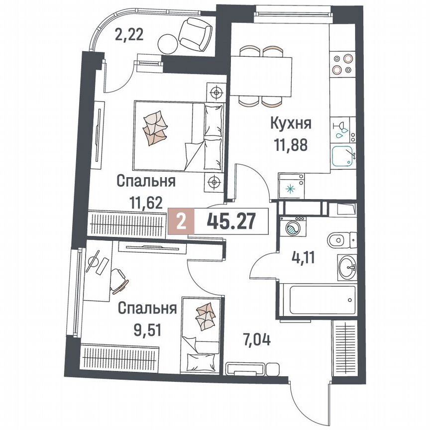 2-к. квартира, 45,3 м², 13/18 эт.
