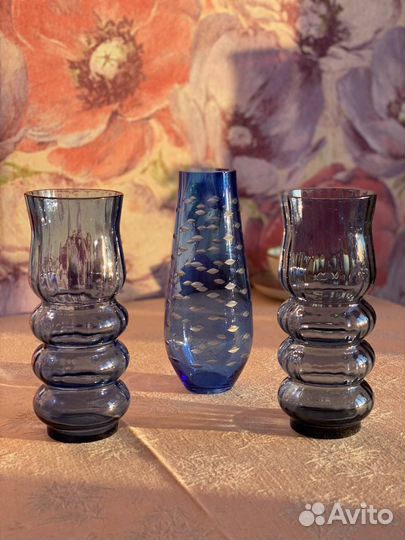 Ваза цветное синее стекло. Хрусталь. Кобальт