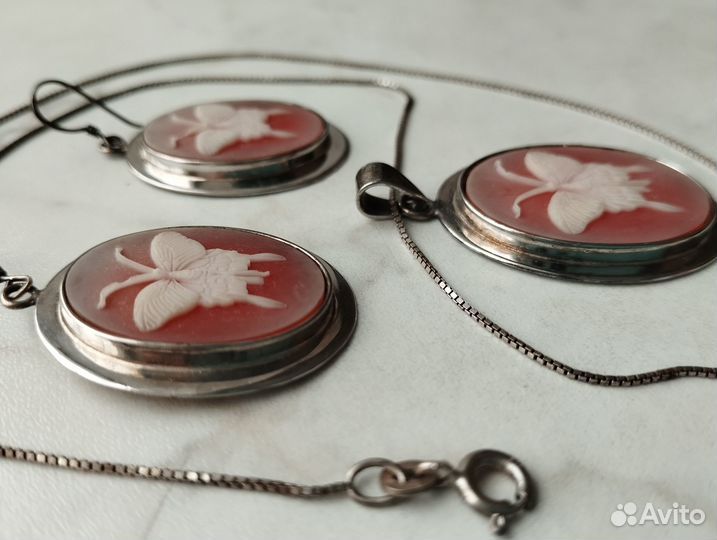 Старинная подвеска и серьги камея бабочки серебро