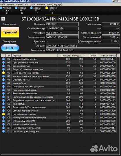 Жеский диск 1Tb статус Тревога