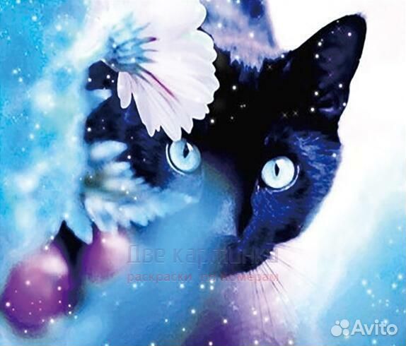 Алмазная мозаика 40x50 Черный котёнок возле цветов