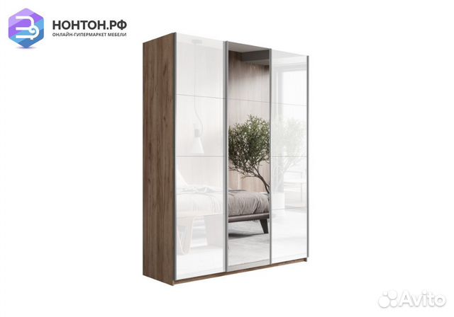 Шкаф-купе 3-х дверный с зеркалом Прайм крафт табач