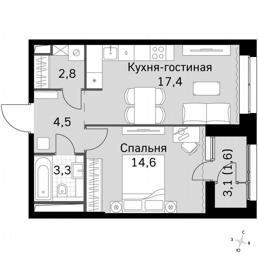 1-к. квартира, 44,3 м², 17/17 эт.