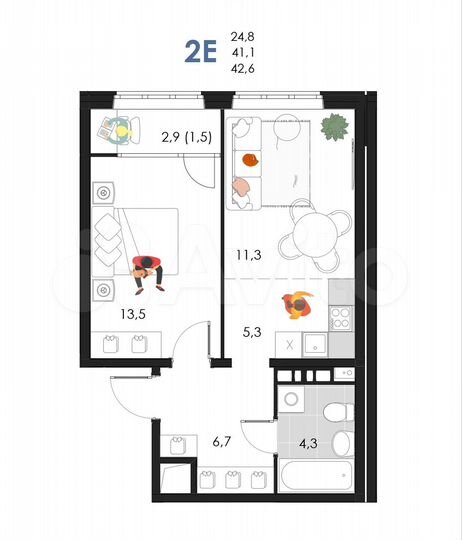 2-к. квартира, 42,6 м², 6/6 эт.