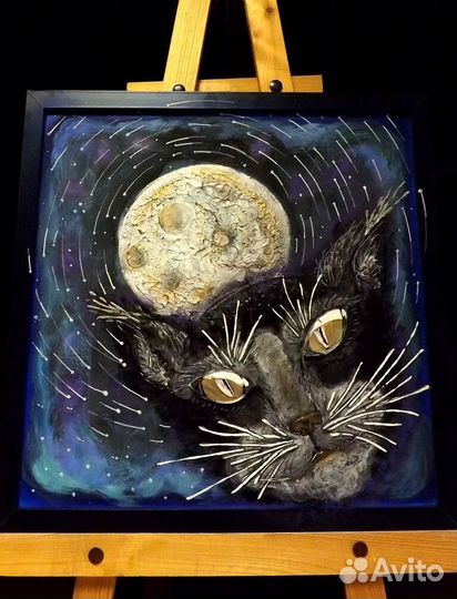 Картина, (кот и Луна), 3D-панно