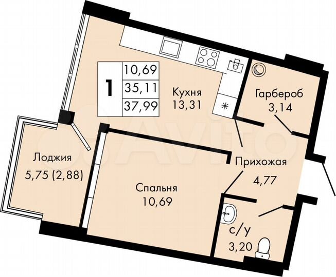 1-к. квартира, 38 м², 6/9 эт.