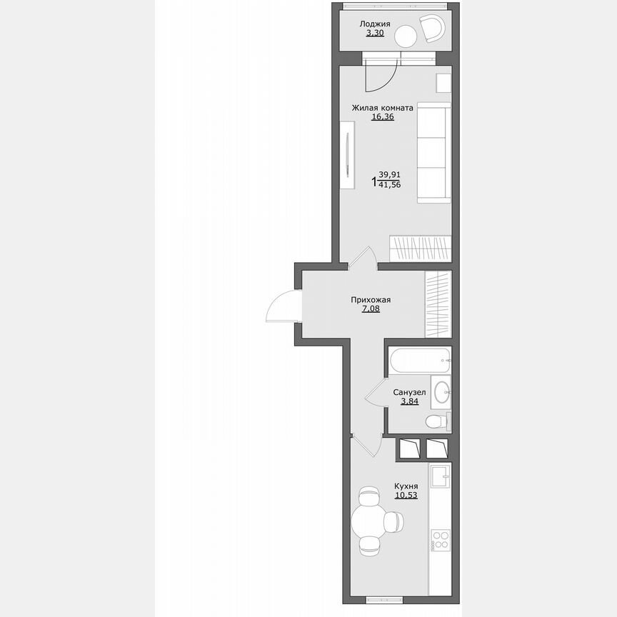 1-к. квартира, 41,6 м², 8/9 эт.