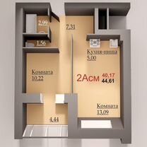 2-к. квартира, 44,6 м², 6/17 эт.