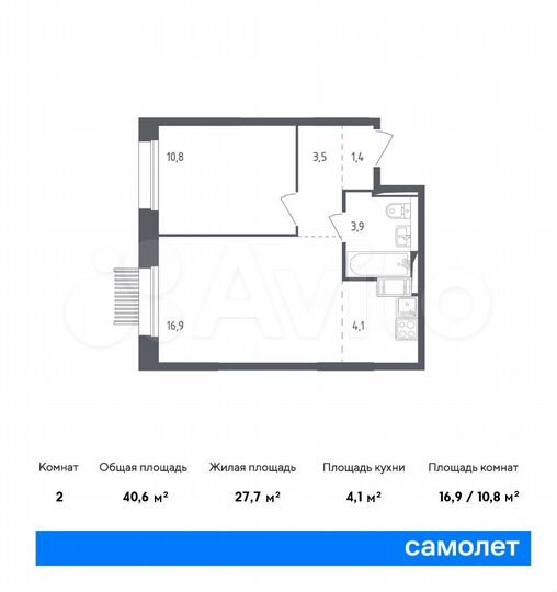 2-к. квартира, 40,6 м², 15/17 эт.