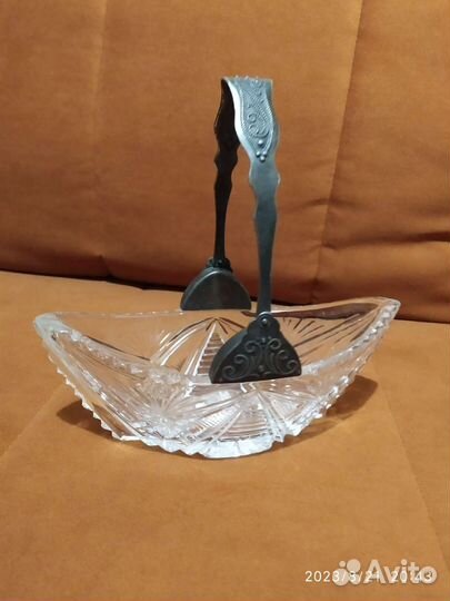 Хрустальная конфетница СССР с ручкой мельхиор