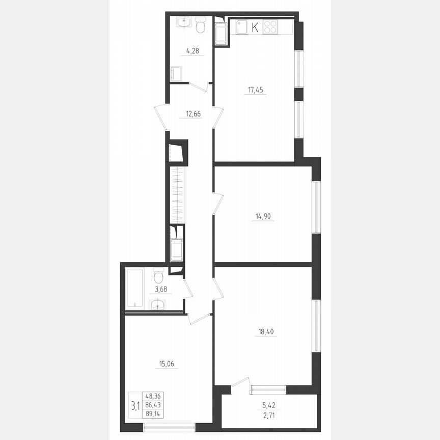 3-к. квартира, 89,1 м², 3/8 эт.