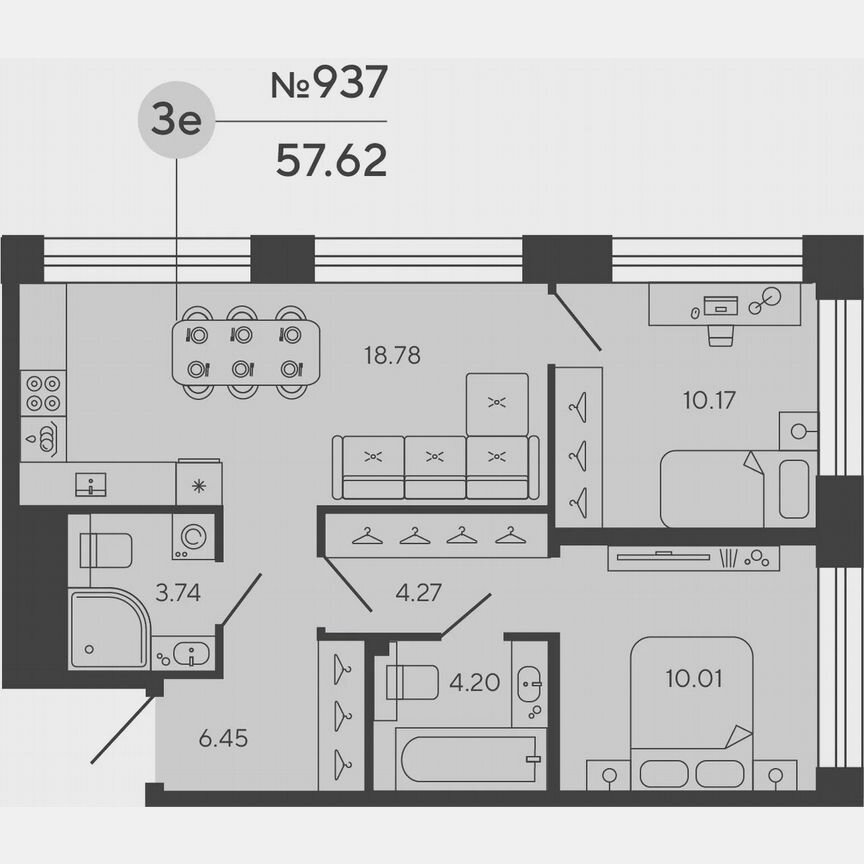 2-к. квартира, 57,6 м², 12/18 эт.