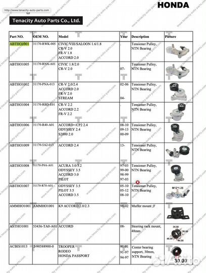 Натяжитель ремня Tenacity Honda Civic 31170RWK005