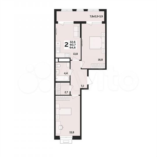 2-к. квартира, 64,6 м², 13/16 эт.