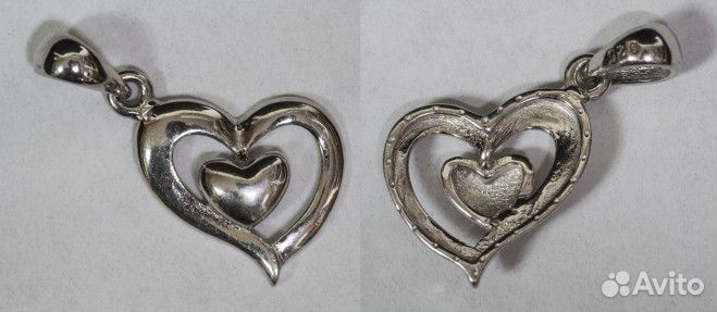 Комплект серьги-гвоздики и кулон Сердце, родий, ци