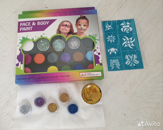 Аквагрим 12 цветов и блестки золотые и др