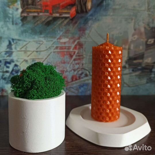 Стабилизированный мох, свеча из вощины, подсвечник
