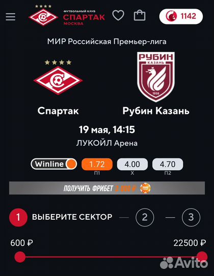 Билеты на футбол Спартак-Рубин VIP сектор 19 мая