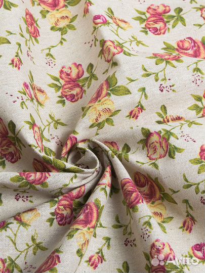 Ткань Лен с принтом роза отрез 3м