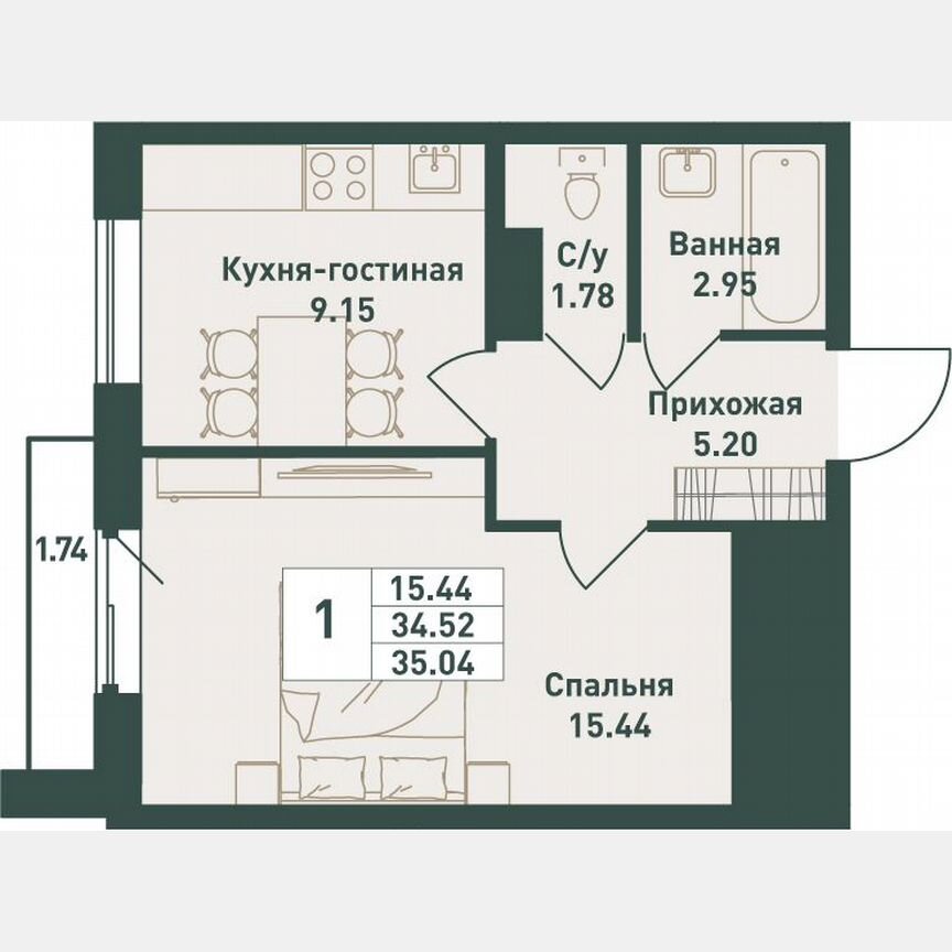 1-к. квартира, 35 м², 7/16 эт.