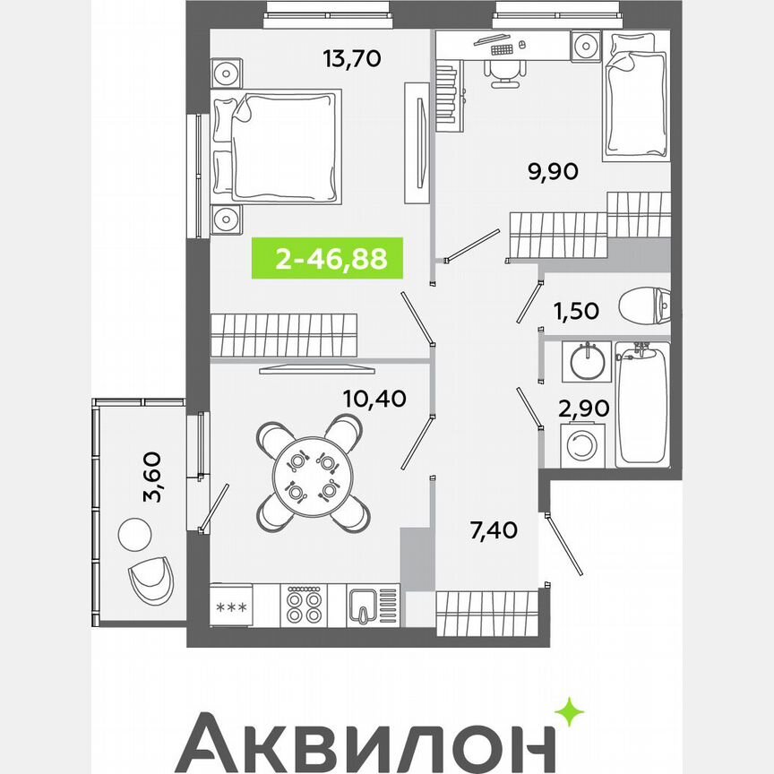 2-к. квартира, 46,9 м², 3/12 эт.