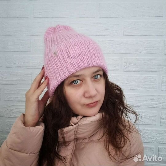 Шапка с одним отворотом розовая