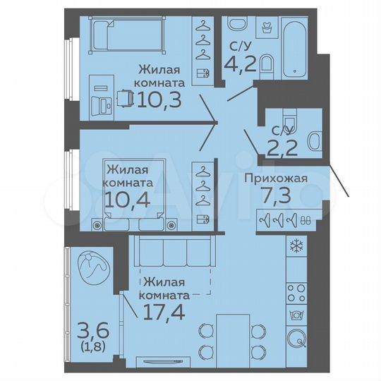 2-к. квартира, 53,6 м², 6/15 эт.