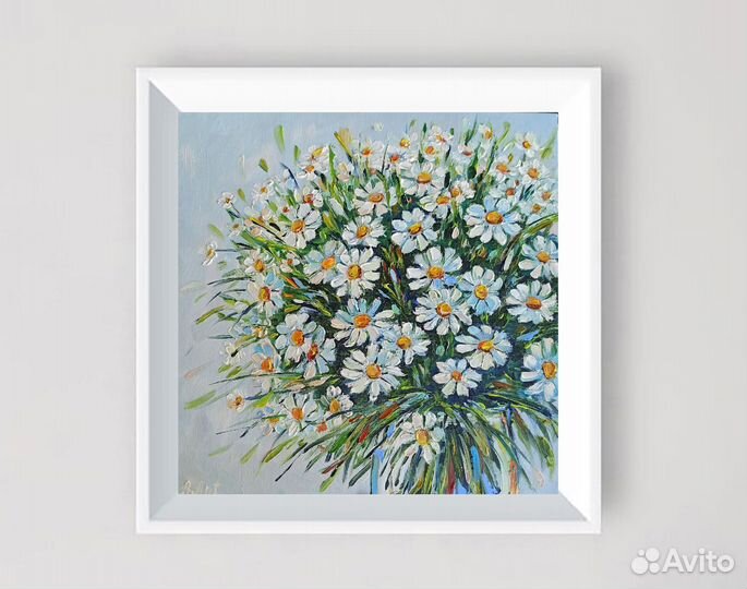 Картина Ромашки маслом цветы полевые холст 30х30см