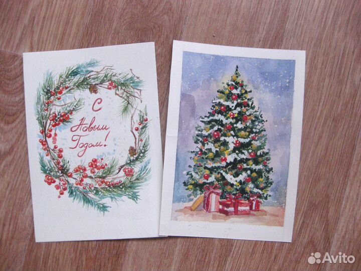 Новогодние акварельные открытки ручной работы