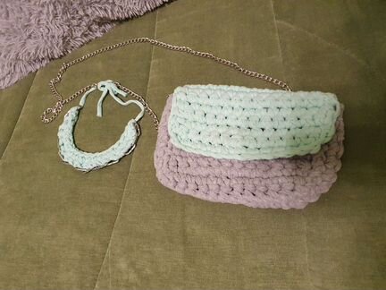 Сумка вязаная мятная серая