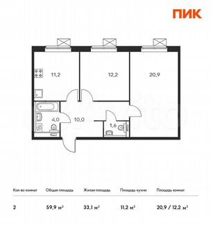 2-к квартира, 59.9 м², 6/16 эт.