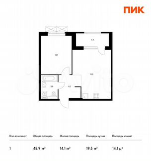 1-к квартира, 45.9 м², 6/30 эт.