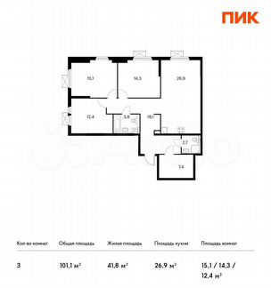 3-к квартира, 101.1 м², 26/32 эт.