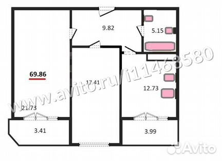 2-к квартира, 69.9 м², 2/10 эт.