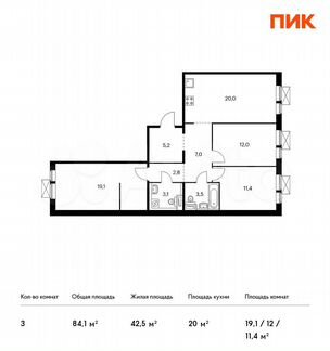 3-к квартира, 84.1 м², 7/9 эт.